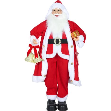 Papá Noel, 1,15 m de altura, de pie, con regalo y campana navideña, en interiores, rojo. (1/5)