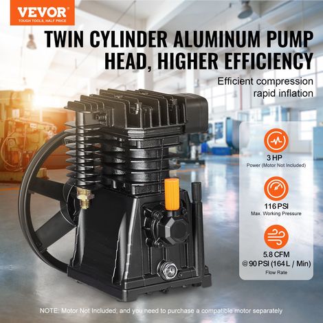Tête de Pompe de Compresseur d'Air, 3 CV, Tête de Pompe à Piston Lubrifié à l'Huile 2 Cylindres, Débit 164 L/min 5,8 CFM à 90 PSI,… (1/5)