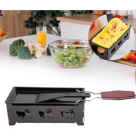 [Mini Raclette] [Raclette portátil con mango de madera] [Accesorios para parrilla y cocina] [1 bandeja antiadherente de acero al carbono negro para raclette, 18,5 x 9,2 cm] (1/5)