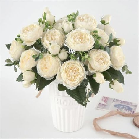 Fleurs synthétiques pivoines blanches lot de 3 pièces, centre de table déco intérieure et cérémonie mariage (1/5)