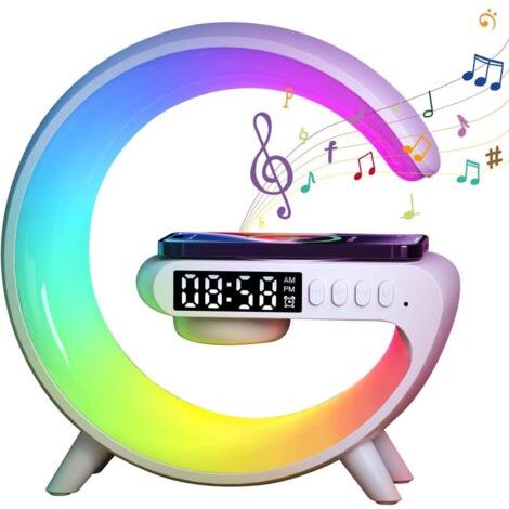 Lampe veilleuse multifonctionnelle avec chargeur sans fil – Réveil, haut-parleur Bluetooth, intensité variable, changement de couleur RVB (1/5)