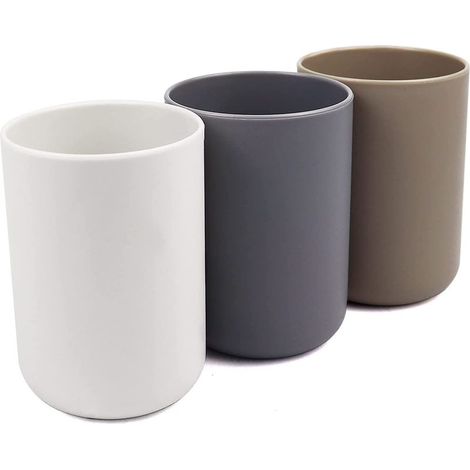 Vaso para baño, portacepillos de dientes, juego de 3, plástico apto para uso alimentario, totalmente irrompible (blanco, gris, marrón) (1/5)