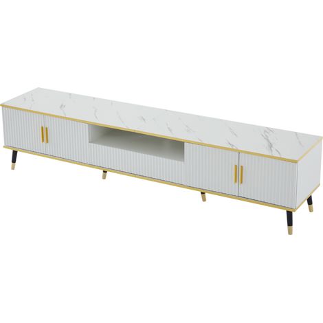 Meuble TV moderne blanc effet marbre 200 x 40 x 46 cm pour TV jusqu'à 90 pouces avec rangements (1/5)