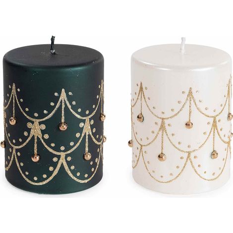 Candele natalizie eleganti bianche e nere con decorazioni dorate e brillantini, set da 4 pezzi, Ø 7,5 cm x 9,5 H