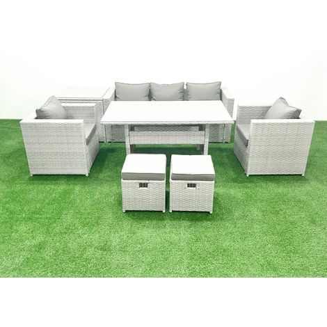 Fimous Gartenmöbel-Set aus Rattan mit Sofa Esstisch 2 Sesseln 2 kleine Fußhockern Beistelltisch Hellgrau gemischt (1/5)