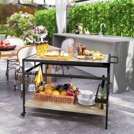 Carrello Portavivande da Giardino in Legno a Doghe e Acciaio, Ripiano e Maniglia, 107x65x80 cm