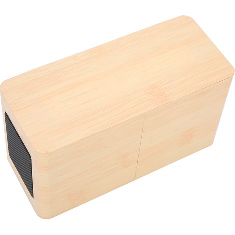 Mini-enceinte multifonctionnelle en bois jaune avec alarme et lumière rouge, 2000 mAh, Bluetooth sans fil et fonction réveil.