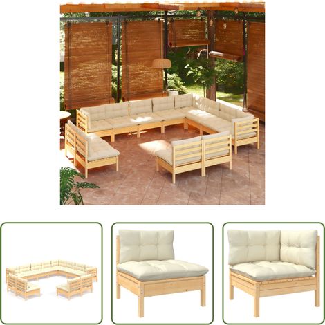 Terrassensofa -  12-tlg. Garten-Lounge-Set mit Creme Kissen Massivholz Kiefer (1/5)