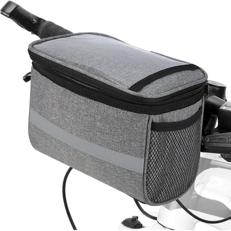 Graue, isolierte Fahrradlenkertasche mit Reflektoren, Frontkorb für Mountainbikes, Kühltasche