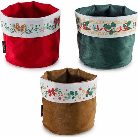 Cestini natalizi in morbido velluto con risvolto stampa a tema, set da 3 pezzi, Ø 14 cm x 14 H