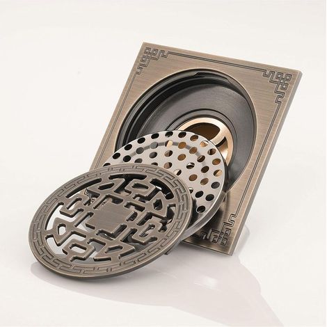 Caniveau de douche carré en laiton 10x10, caniveau de douche anti-odeurs style antique (1/5)