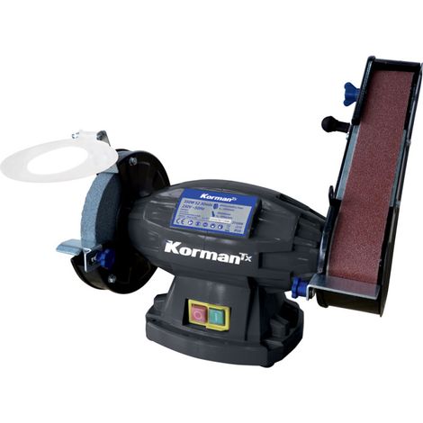 Touret à meuler 350W – Meule Ø150mm grain 36 – Bande 50x686mm grain 80 – Moteur induction 2950tr/min – Interrupteur sécurité – Korman
