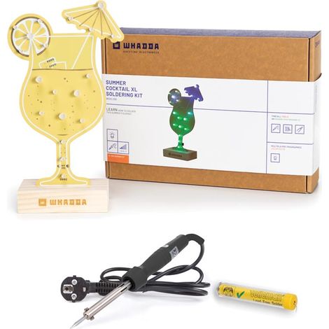 Whadda Lötset, XL-Cocktail mit 19 RGB-LEDs und Holzständer, Werbeset mit kostenlosem Lötkolben und Lötzinn, gelbe XL-Platine, pädagogisches und kreatives MINT-Set (1/5)