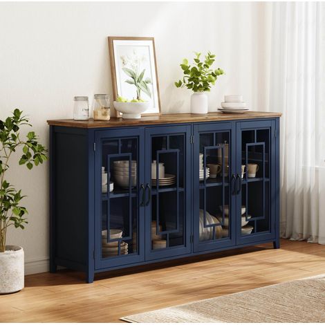 Credenza da cucina 160x40x86 cm con ante in vetro, ampio spazio contenitivo, piano effetto legno, MDF - blu (1/5)