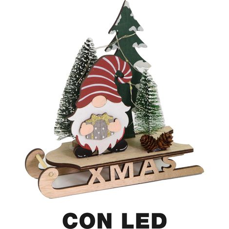 Gnomo legno su slitta led rosso cm18x7h18,5 (1/2)