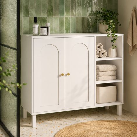 Mueble de baño, mueble de almacenamiento para el salón o el recibidor ARSENE, con 3 estantes y armario de madera blanca (1/5)