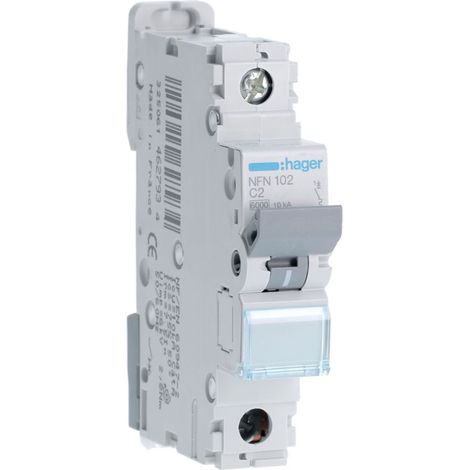 Disjoncteur 1 Pôles 6-10kA courbe C 2A 1 module HAGER NFN102 (1/2)