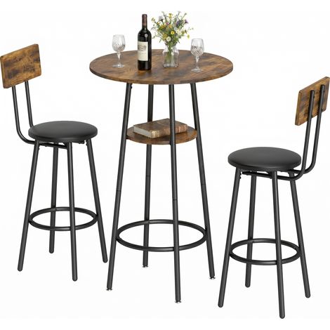 Ensemble table de bar industrielle avec 2 tabourets rembourrés, repose-pieds, structure en métal, table de cuisine avec étagère, marron rustique (1/5)