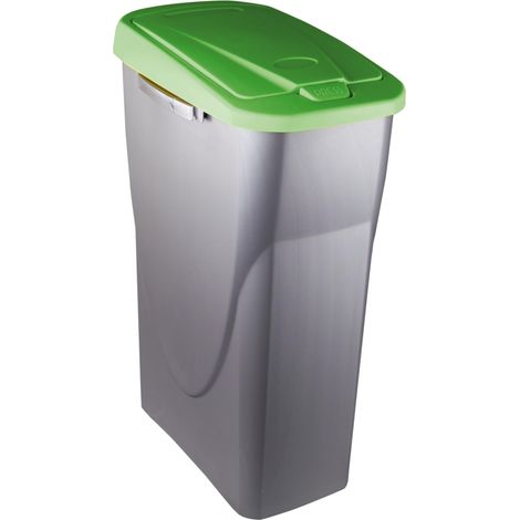 Poubelle de Tri Sélectif 25L en Plastique - Ouverture facile Push - Cuve Gris Silver avec Couvercle de Couleur Vert - Idéale pour Cuisine, Cellier (1/5)