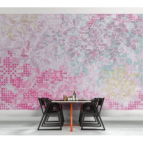 Papier peint panoramique multicolore à motifs croix | Tapisserie panoramique vintage et original | Papier peint panoramique cuisine et couloir - 270 x 400 cm (4 pièces) (1/5)