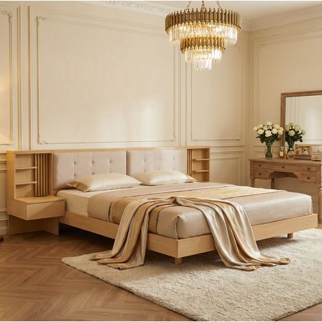 Letto adulti 180x200 cm con testiera portaoggetti, porte USB e cassetti, naturale, senza materasso (1/5)
