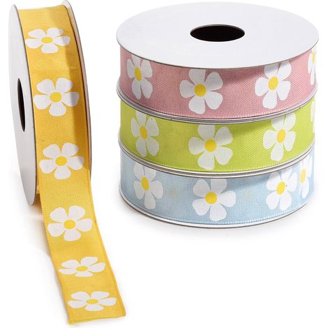 Nastri in tessuto colorato con stampa a margherite bianche, set da 4 pezzi, mm 25 x 10 m