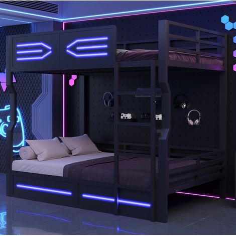 Letto a castello 140x200 cm con LED, scala dritta, barriera di sicurezza, struttura metallo e MDF salvaspazio - nero (1/5)