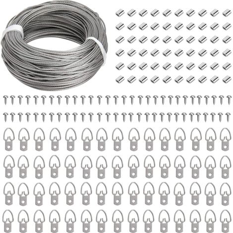 Kit d'accrochage pour tableaux : fil de suspension en acier inoxydable de 30 m, 60 crochets en D avec vis et 60 manchons à sertir en aluminium pour accrocher tableaux et photos.