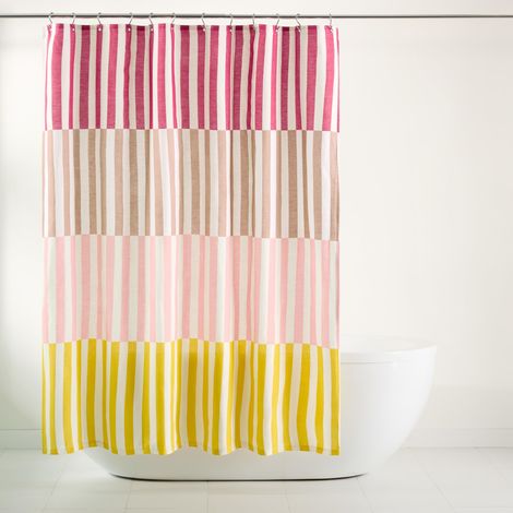 Rideau de Douche en Tissu Respirant Riche en Coton à Rayures décalées avec œillets antirouille, Rose/Beige/Jaune, 177,8 x 182,9 cm (1/5)