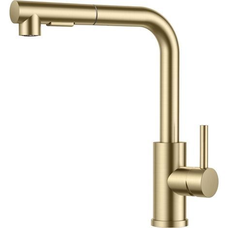 Robinet Cuisine, Mitigeur Cuisine avec Douchette Extractible, 2 Modes de Pulvérisation et Pivotante à 360°, En Forme de L Acier Inoxydable Monolevier Robinet Evier, Or Brossé (1/5)