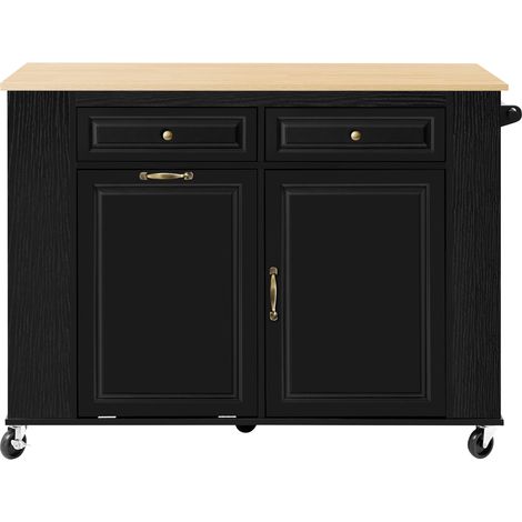 Îlot de cuisine sur roulettes avec table à manger extensible, compartiment pour poubelle et porte-serviettes, chariot de service mobile avec multiprises, idéal pour la cuisine et la salle à manger (No