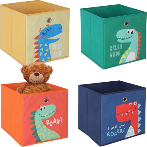 Relaxdays Lot de 4 boîtes de rangement enfants, motifs dinosaures, pliables, 30x30x30cm, tissu multicolore