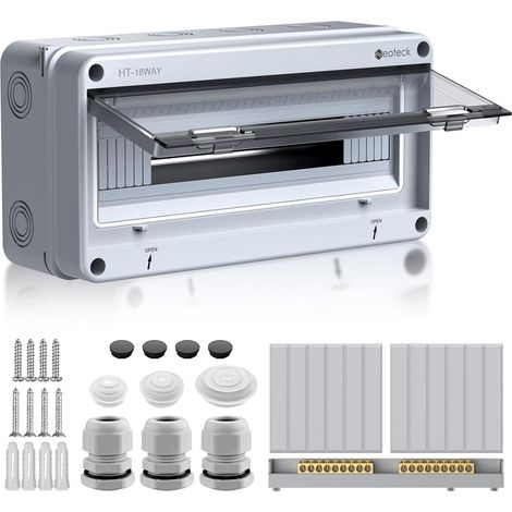 Coffret Modulaire 18 Modules Étanche IP65 - Tableau Électrique ABS Transparent avec Accessoires - Boîtier de Distribution Mural pour Extérieur Maison Atelier (1/5)