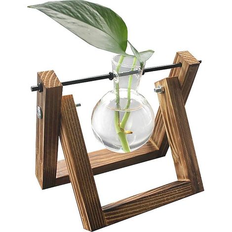Support décoratif en bois avec vase en verre hydroponique, vase suspendu, vase à fleurs, vase de table, vase décoratif (1/5)