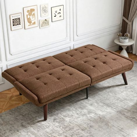 Clic-Clac 2 Places en Lin avec Dossier Réglable 5 Positions, Pieds en Bois et Compact 146 cm, Marron