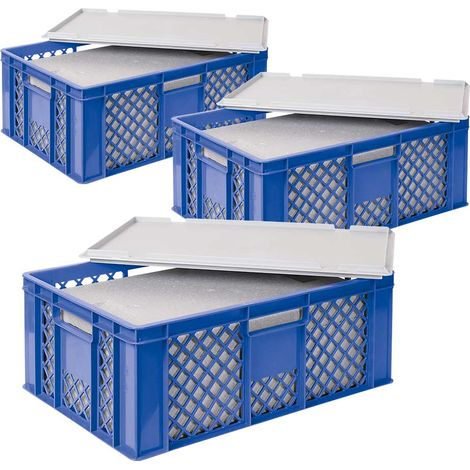 BRB Lot de 3 boîtes isothermes empilables avec couvercle, L x l x H 600 x 400 x 240 mm, EPS (bleu)