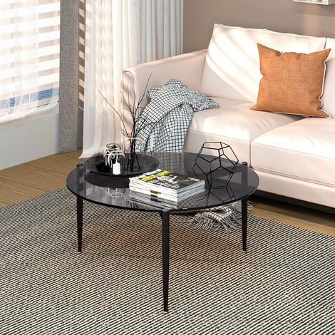 Couchtisch rund, Modern Beistelltisch Glastisch mit Metallgestell, Hartglas, Sofatisch für Wohnzimmer, 80×80×40 cm, Grau
