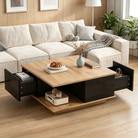 Modernluxe - Table basse carrée 70 x 70 x 31,5 cm - 3 tiroirs - Finition brillante - Panneaux de particules - Noir et naturel (1/5)