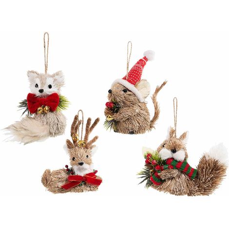 Animaletti del bosco natalizi in fibra vegetale con campanelle, cappellino, sciarpina, pigne e fiocchetto, set da 4 pezzi, Topino: cm 6 x 9 x 14 H