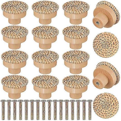 Boutons de tiroir en bois avec poignées en rotin de hêtre pour armoires, meubles, portes de placards et commodes (1/5)