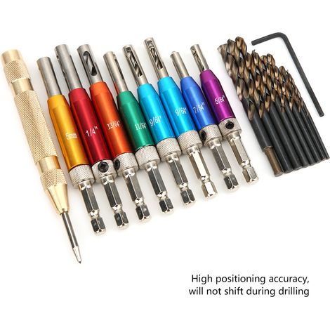 Foret perforateur multicolore pour charnières de porte et fenêtre avec poinçon central et clé hexagonale (1/5)