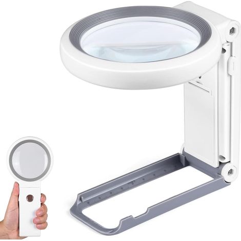 Lupa con luz y soporte – 18 LED – Plegable – Práctica – Para personas mayores, trabajos de precisión, monedas y joyas – Blanca (1/4)