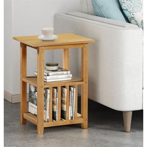 Hallowood Furniture Aston Oak Effect Wooden Side Table with Storage, Light Oak Small Coffee Table with 2 Shelves and a Slotted Design Magazine Rack, for Living Room and Small Spaces