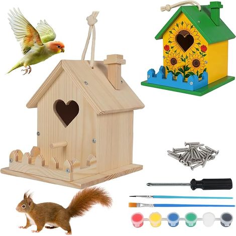 Mangeoires à oiseaux en bois pour le jardin Kits de mangeoire à oiseaux Boîte à oiseaux Artisanat Maison à oiseaux suspendue pour cadeaux de décoration de cour de jardin (style A) (1/5)