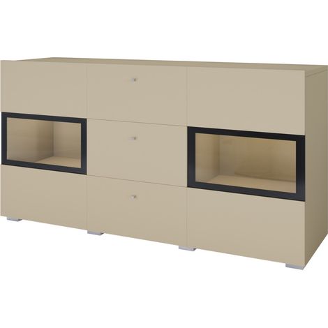 Buffet RAMOS 130 cm – Beige chiaro – LED multicolori integrate – 2 porte in vetro e 3 cassetti