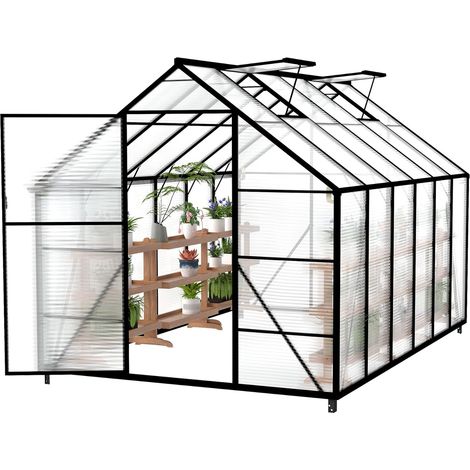 1 Serre Aluminium Fondation 380x250x205cm Panneau Polycarbonate 4mm Fenêtre Toit Jardin