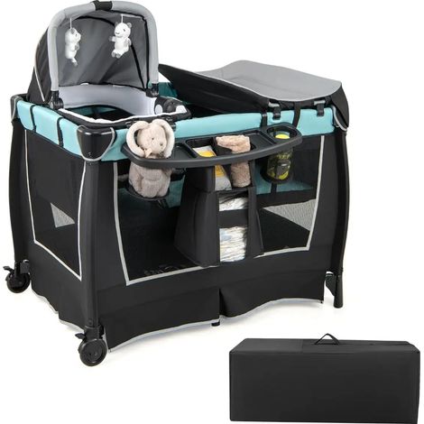 Lit parapluie bébé vert 6-en-1 avec berceau à bascule détachable, table à langer et parc pliable pour maison, voyage et plein air