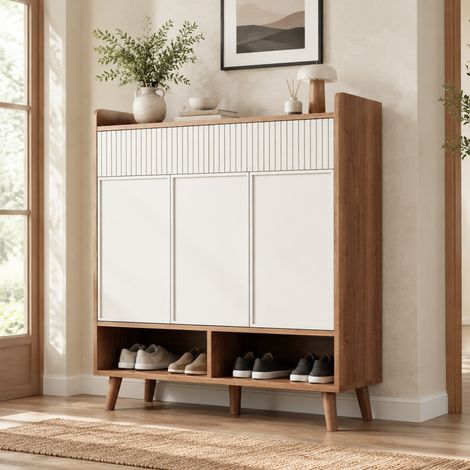 Meuble à chaussures HAVRYA, 3 portes, 2 tiroirs, étagères réglables, 90 x 35 x 100 cm, blanc et bois (1/5)