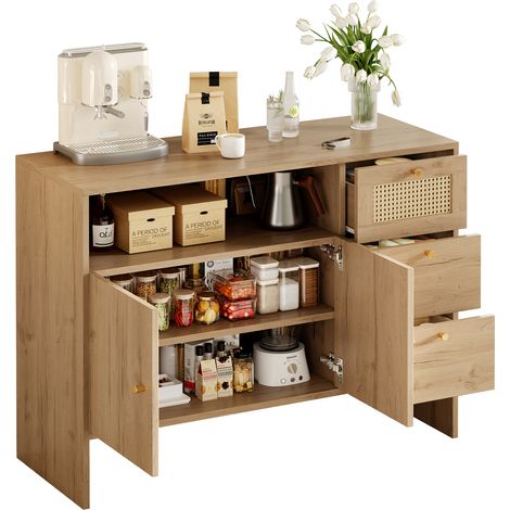 Buffet et enfilade avec 2 Portes, 3 Tiroirs et 1 Niche Ouverte, en Panneaux de Particules, Natural, 105 × 40 × 76 cm (1/5)