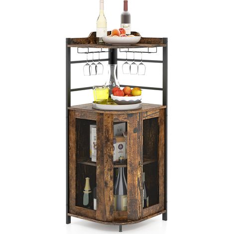 COSTWAY Corner Bar Cabinet Industrial Wine Buffet Cabinet-Brown (1/5)